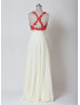 Red Lace Champagne Chiffon Cross Back Floor Length Prom Dress
